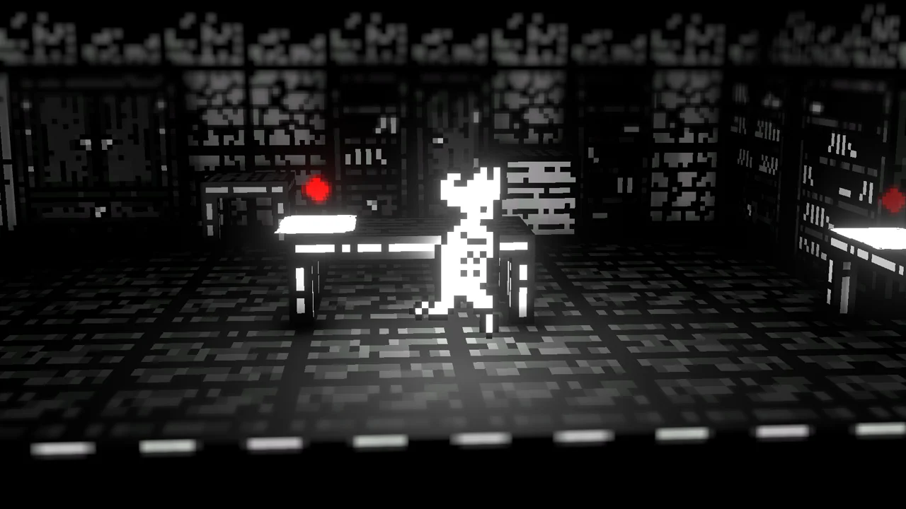 Blind Fish: a pixel-art figure in a dark, black and white 3D room