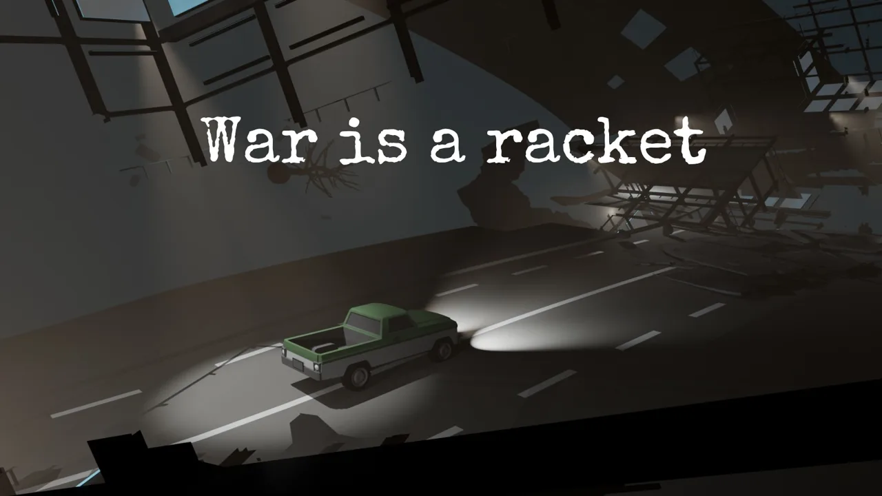 War is a racket: an old pickup truck driving through a ruined, dimly lit city
